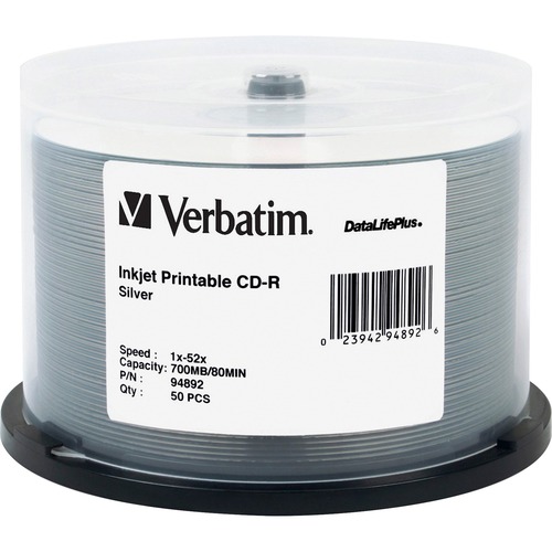 Verbatim CD-R 700MB 52X DataLifePlus Silver Inkjet Printable - 50pk Sp