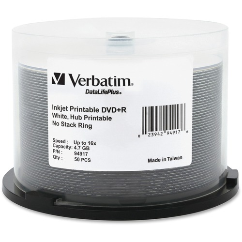 Verbatim Verbatim DVD+R 4.7GB 16X DataLifePlus White Inkjet Printable, Hub Prin