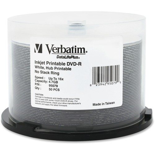 Verbatim Verbatim DVD-R 4.7GB 16X DataLifePlus White Inkjet Printable, Hub Prin