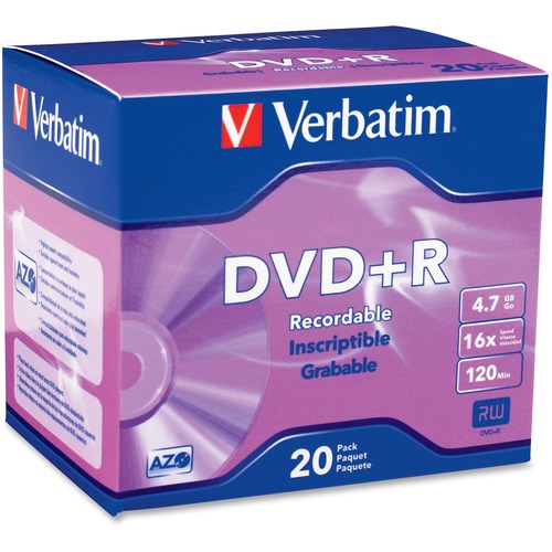 Verbatim Verbatim 95038 DVD Recordable Media - DVD+R - 16x - 4.70 GB - 20 Pack