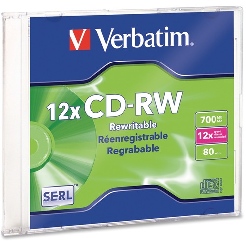 Verbatim CD-RW 700MB 4X-12X High Speed with Branded Surface - 1pk Slim