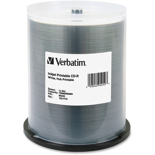 Verbatim CD-R 700MB 52X White Inkjet Printable, Hub Printable - 100pk