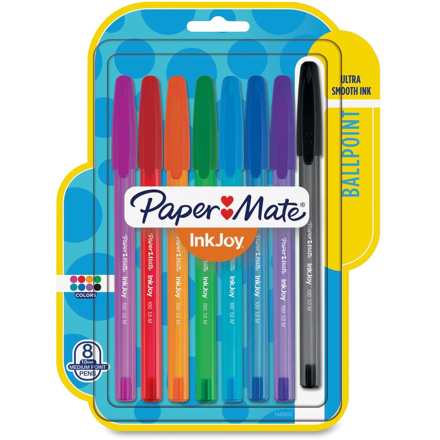 Paper Mate InkJoy 100 ST Pens - Medium Pen Point - 1 mm Pen Point Size -  Assorted - Translucent Barrel - 8 / Pack - Servmart
