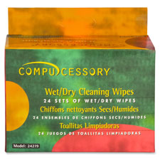Compucessory 24219 Wet and Dry Wipes, For LCD/Laptop Screens, 24 Wipes/BX