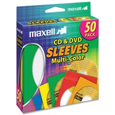 Maxell 190134 CD/DVD Sleeves, Clear Window, 50/PK, BE/YW/GN/RD/OE