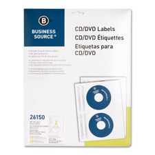 Business Source 26150 Label, CD/DVD, Inkjet, Glossy, 20/PK, White, BSN26150, BSN 26150