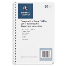 Business Source 10966 Spiral Wirebound Notebook, College Rule, 6'' x 9-1/2'', 80Shts, WE