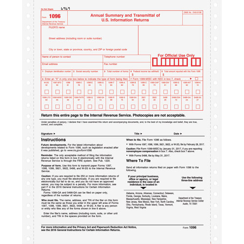 Tops 1096 Tax Form, WHITE