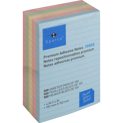 Adhesive Notes, Ruled, 4"x6", 5/PK, Pastel Colors