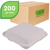 Renewable & Compost Clamshell Container, 3 Compartments, Bagasse, Square, 9" x 9" x 3", White, 50/Pack, 4 Pack/Carton