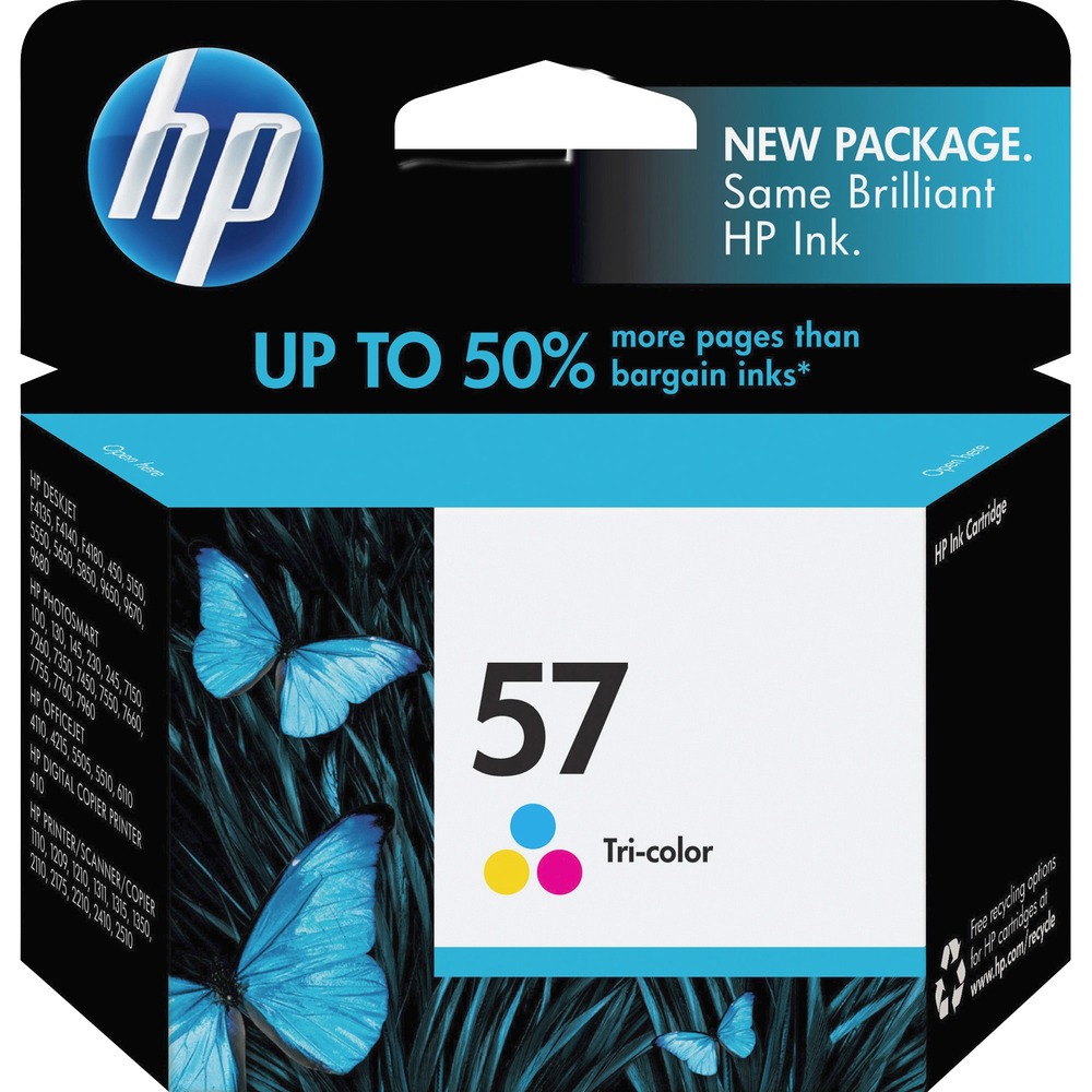 HEWC6657AN - HP 57 ink cartridge contains patented, dye-based inks formulated to produce true-to-life photos every time. This cartridge produces very fine five picoliter drops that create the precise image detail and color accuracy of true-to-life photos on a wide range of paper. Photos printed using this cartridge resist fading for generations. Cartridge is designed for use with Hewlett-Packard Deskjet 450ci, 450cbi, 450wbt, F4135, F4140, F4180, 5150, 5150w, 5550, 5650, 5650w, 5850, 5850w, 9650, 9670, 9680; Digital Copier 410; Officejet 4110, 4110v, 4110xi, 4215, 4215v, 4215xi, 5505, 5510, 5510xi, 5510v, 6110, 6110xi; Photosmart 100, 130, 130xi, 145, 145v, 145xi, 230, 230v, 230xi, 245, 245v, 245xi, 7150, 7260, 7260v, 7260w, 7350, 7450, 7450v, 7450xi, 7550, 7660, 7660v, 7660w, 7755, 7760, 7760v, 7760w, 7960, 7960w, 1110, 1209, 1210, 1210v, 1210xi, 1311, 1315 Series, 1350 Series, 2110 Series, 2175 Series, 2210 Series, 2410 Series and 2510 Series. Cartridge yields approximately 500 pages. More from the Manufacturer