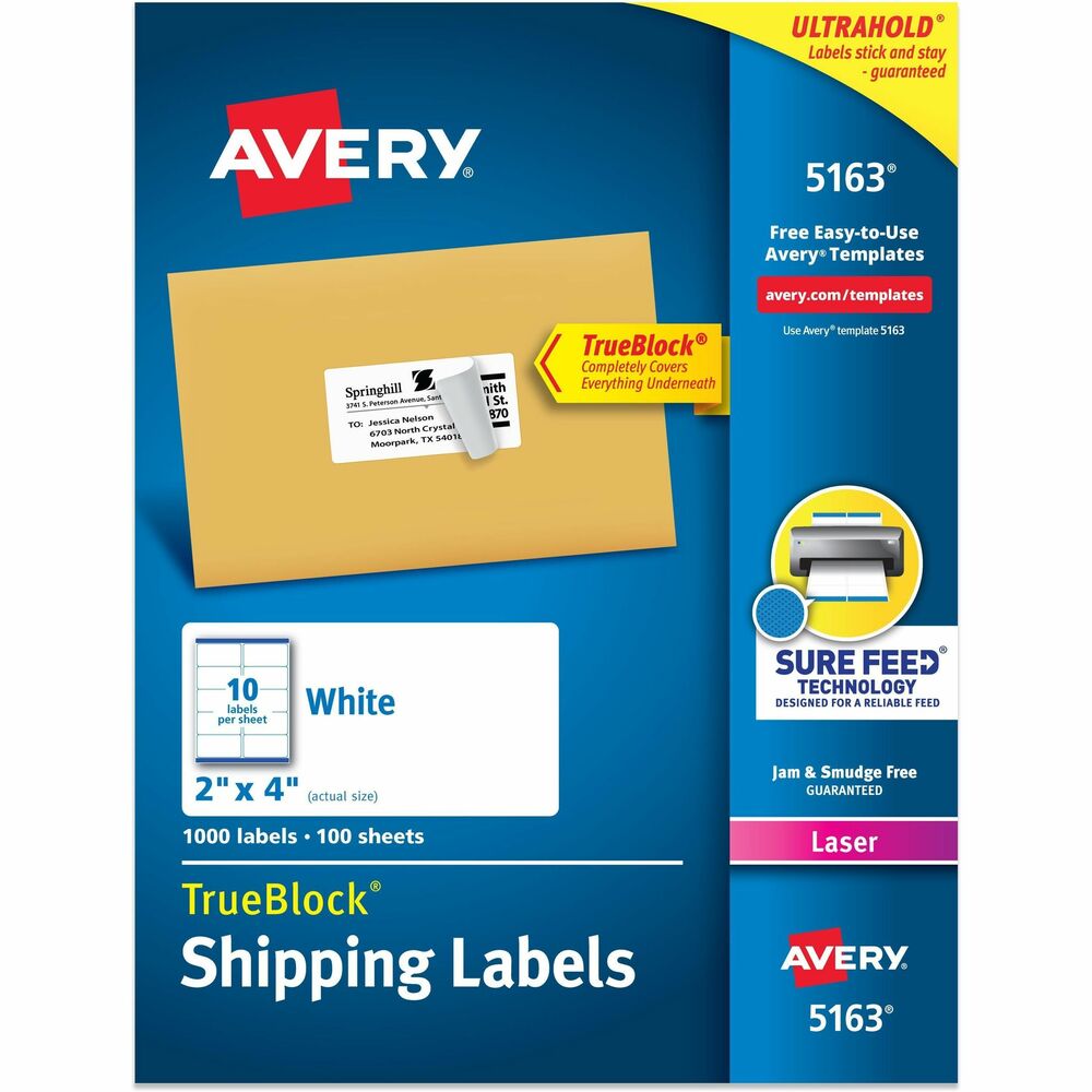 AVE5163 - Create professional-looking labels quickly using Shipping Labels with TrueBlock Technology. Labels with TrueBlock completely cover everything underneath so you can reuse mailing tubes, boxes and more. Bright-white labels have permanent adhesive and are jam-free and smudge-free. They are perfect for creating professional-looking mailings, shipping, bar-coding and organizing. Labels are designed for use in laser printers. Avery offers many easy-to-use templates for Microsoft Word and other popular software programs. Each sheet includes 10 labels. More from the Manufacturer