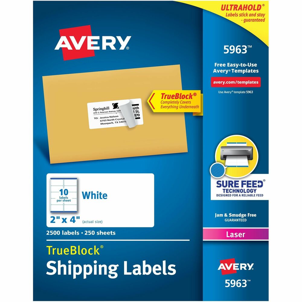 AVE5963 - Create professional-looking labels quickly using Shipping Labels with TrueBlock Technology. Labels with TrueBlock completely cover everything underneath so you can reuse mailing tubes, boxes and more. Bright-white labels have permanent adhesive and are jam-free and smudge-free. They are perfect for creating professional-looking mailings, shipping, bar-coding and organizing. Labels are designed for use in laser printers. Avery offers many easy-to-use templates for Microsoft Word and other popular software programs. Each sheet includes 10 labels. More from the Manufacturer