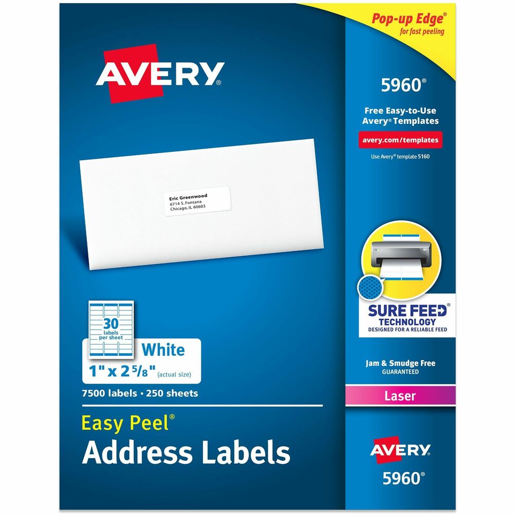 AVE5960 - Easy Peel White Address Labels are great when you want to create professional labels quickly and easily. They're perfect for high-volume mailing projects, labeling bottles, Ball and Mason jars, food containers, bath and beauty products, product branding, event decorations, party favors and crafts. Sure Feed technology is designed for a reliable feed through your printer, helping prevent misalignments and jams. The patented Easy Peel feature makes applying these labels a breeze. Simply bend the label sheet to expose the Pop-up Edge, peel off your label and fold the sheet back to flat. To easily customize your labels, use Avery's free online templates and designs. Each sheet includes 30 labels that each measure 2-5/8" wide x 1" high. More from the Manufacturer