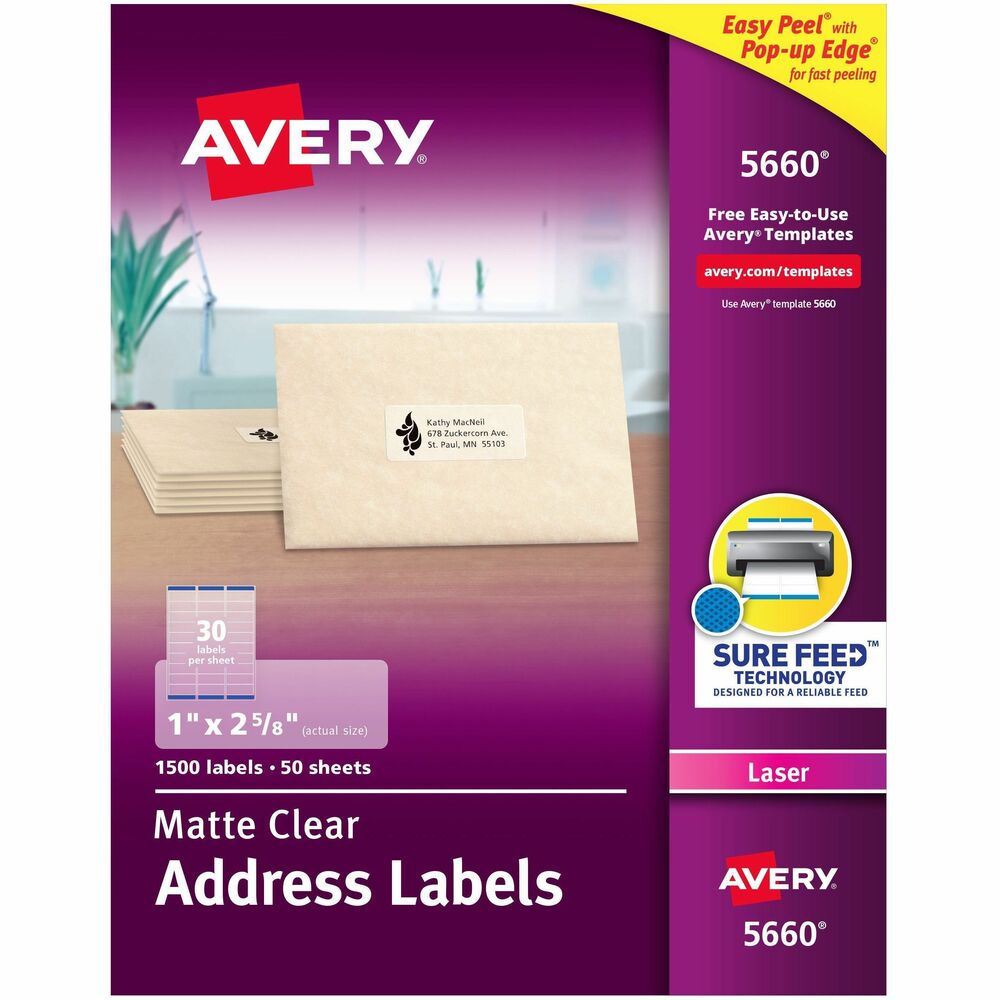 AVE5660 - Create professional-looking labels quickly with Easy Peel Mailing Labels. For fast peeling, bend the label sheets to expose the Pop-up Edge. Bright white labels have permanent adhesive and are jam-free and smudge-free. Each delivers sharp print quality that is perfect for creating labels for addressing, shipping and organizing. Perforated letter-size sheets tear so the edge of each self-adhesive label hangs over the sheet backing for easy access. Labels are compatible with laser printers. Avery offers many easy-to-use templates for Microsoft Word and other popular software programs. More from the Manufacturer