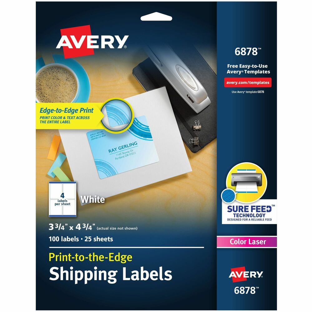 Avery® Shipping Labels, Sure Feed, 3-3/4" x 4-3/4" , 100 Labels (6878) - 3 3/4" Width x 4 3/4" Length - Permanent Adhesive - Rectangle - Laser, Inkjet - Matte - White - Paper - 4 / Sheet - 25 Total Sheets - 100 Total Label(s) - 100 / Pack