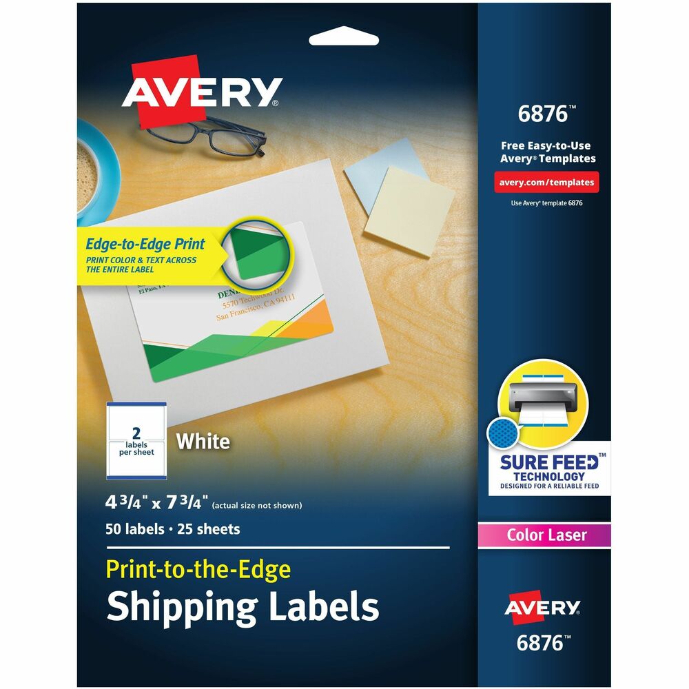 Avery® Print to the Edge Shipping Labels, 4-3/4" x 7-3/4" , 50 Labels (6876) - 4 3/4" Width x 7 3/4" Length - Permanent Adhesive - Rectangle - Laser, Inkjet - Matte - White - Paper - 2 / Sheet - 25 Total Sheets - 50 Total Label(s) - 50 / Pack