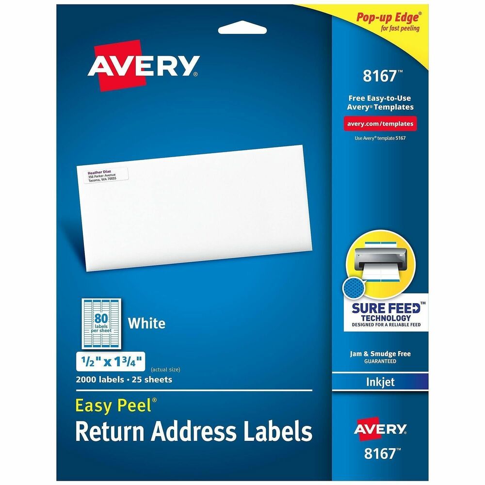 AVE8167 - Easy Peel White Return Address Labels are great when you want to create professional labels quickly and easily. They're perfect for high-volume mailing projects, labeling bottles, Ball and Mason jars, food containers, bath and beauty products, product branding, event decorations, party favors and crafts. Sure Feed technology is designed for a reliable feed through your printer, helping prevent misalignments and jams. The patented Easy Peel feature makes applying these labels a breeze. Simply bend the label sheet to expose the Pop-up Edge, peel off your label and fold the sheet back to flat. To easily customize your labels, use Avery's free online templates and designs. Each sheet includes 80 labels that each measure 1-3/4" wide x 1/2" high. More from the Manufacturer