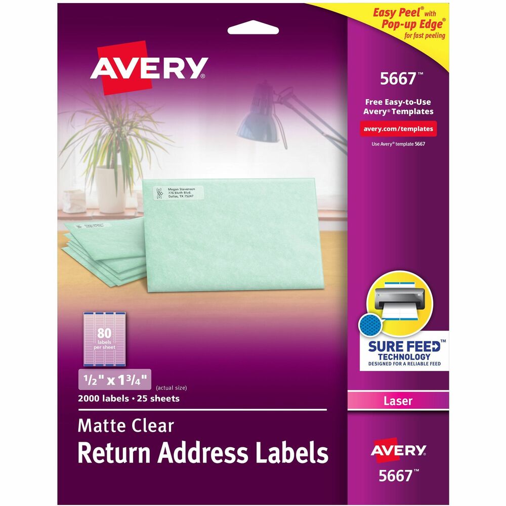 AVE5667 - Create professional-looking labels quickly with Easy Peel Mailing Labels. For fast peeling, bend the label sheets to expose the Pop-up Edge. Bright white labels have permanent adhesive and are jam-free and smudge-free. Each delivers sharp print quality that is perfect for creating labels for addressing, shipping and organizing. Perforated letter-size sheets tear so the edge of each self-adhesive label hangs over the sheet backing for easy access. Labels are compatible with laser printers. Avery offers many easy-to-use templates for Microsoft Word and other popular software programs. More from the Manufacturer