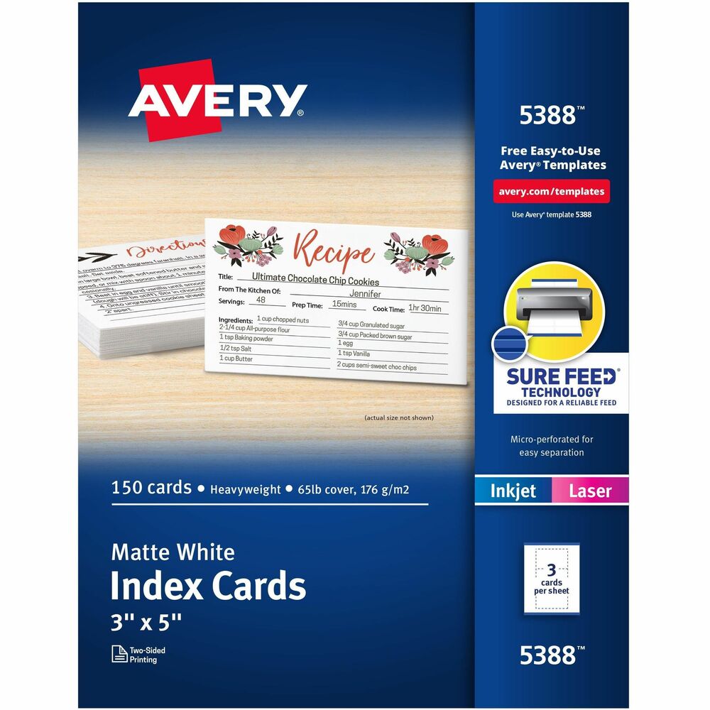 AVE5388 - Use index cards for filing, reminders, invitations, announcements and greetings. Cards on letter-size sheets feed automatically from your printer's paper tray. Ultra-fine perforations allow cards to separate cleanly, leaving smooth edges. Cardstock is coated for vivid color and compatible with laser and inkjet printers. Simply click and create your index cards with preset templates in more than 100 popular software programs. More from the Manufacturer