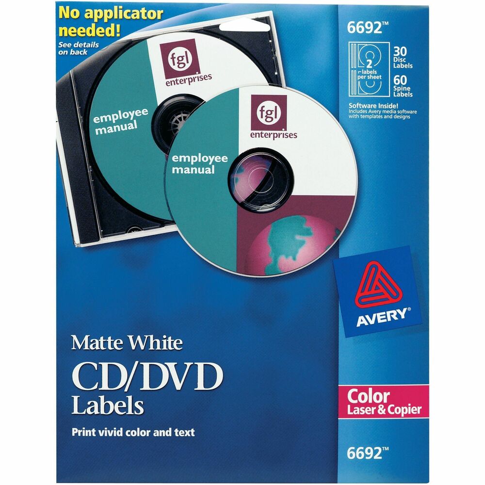 AVE6692 - Create high-quality, custom-made disc and spine labels to catalog your CD/DVD collections using free downloadable DesignPro software and predesigned free templates work in more than 100 popular software programs. Easily print your labels, then apply to CDs or DVDs with any jewel case. Permanent adhesive labels are ideal for organizing digital photo albums, music collections and data backups. More from the Manufacturer