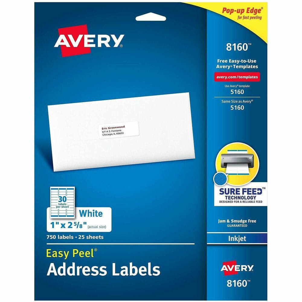 Avery® Address Labels, 1" x 2-5/8" , White, 750 Labels (8160) - x 1" Width x 2 5/8" Length - Permanent Adhesive - Rectangle - Inkjet - Matte - White - Paper - 30 / Sheet - 25 Total Sheets - 750 Total Label(s) - For Label Printer - 750 / Pack