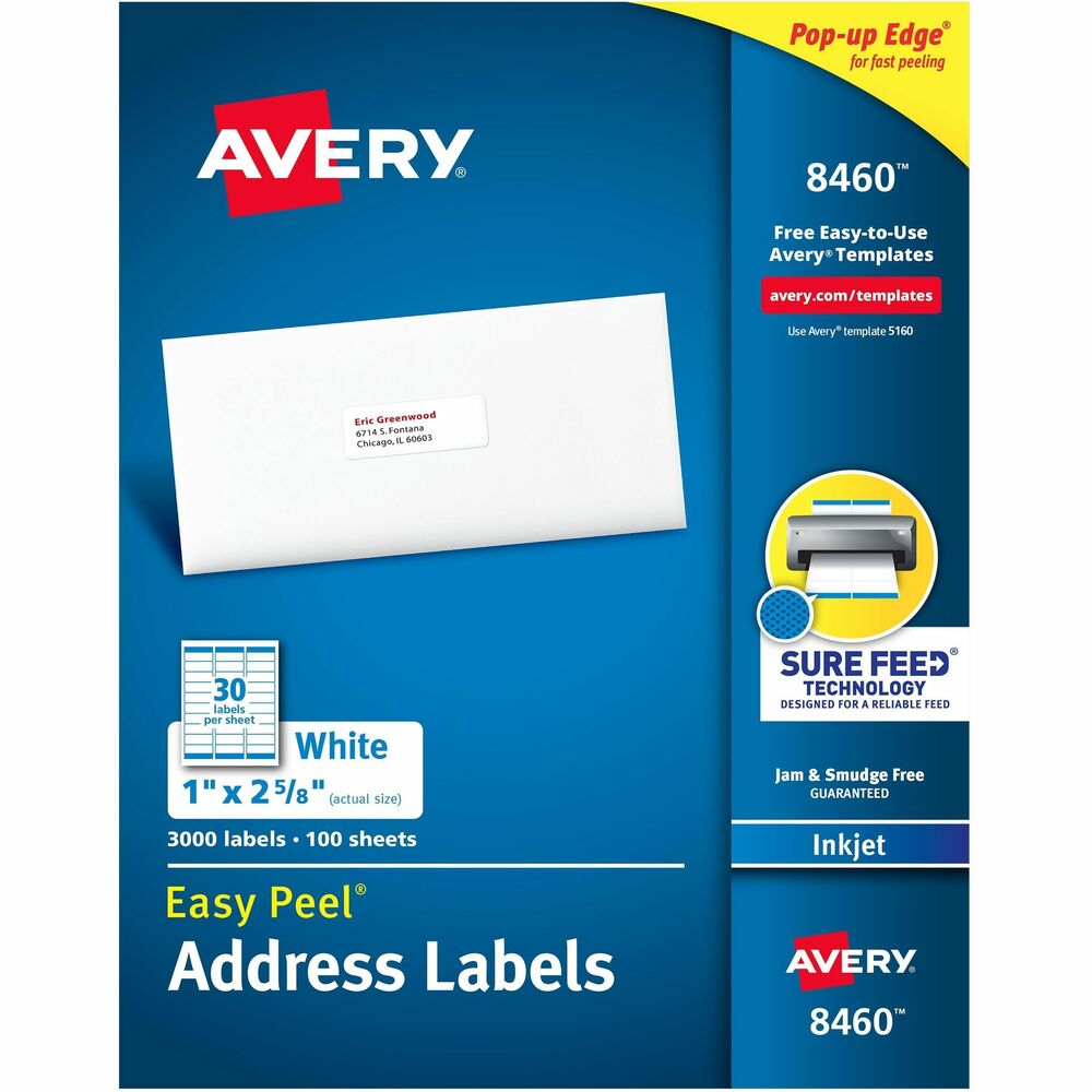 AVE8460 - Easy Peel White Address Labels are great when you want to create professional labels quickly and easily. They're perfect for high-volume mailing projects, labeling bottles, Ball and Mason jars, food containers, bath and beauty products, product branding, event decorations, party favors and crafts. Sure Feed technology is designed for a reliable feed through your printer, helping prevent misalignments and jams. The patented Easy Peel feature makes applying these labels a breeze. Simply bend the label sheet to expose the Pop-up Edge, peel off your label and fold the sheet back to flat. To easily customize your labels, use Avery's free online templates and designs. Each sheet includes 30 labels that each measure 2-5/8" wide x 1" high. More from the Manufacturer