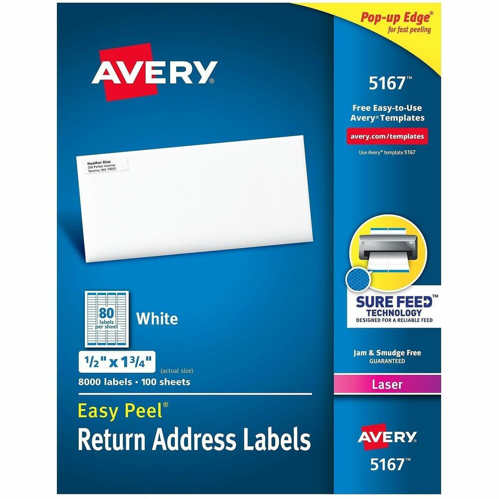 AVE5167 - Easy Peel White Return Address Labels are great when you want to create professional labels quickly and easily. They're perfect for high-volume mailing projects, labeling bottles, Ball and Mason jars, food containers, bath and beauty products, product branding, event decorations, party favors and crafts. Sure Feed technology is designed for a reliable feed through your printer, helping prevent misalignments and jams. The patented Easy Peel feature makes applying these labels a breeze. Simply bend the label sheet to expose the Pop-up Edge, peel off your label and fold the sheet back to flat. To easily customize your labels, use Avery's free online templates and designs. Each sheet includes 80 labels that each measure 1-3/4" wide x 1/2" high. More from the Manufacturer