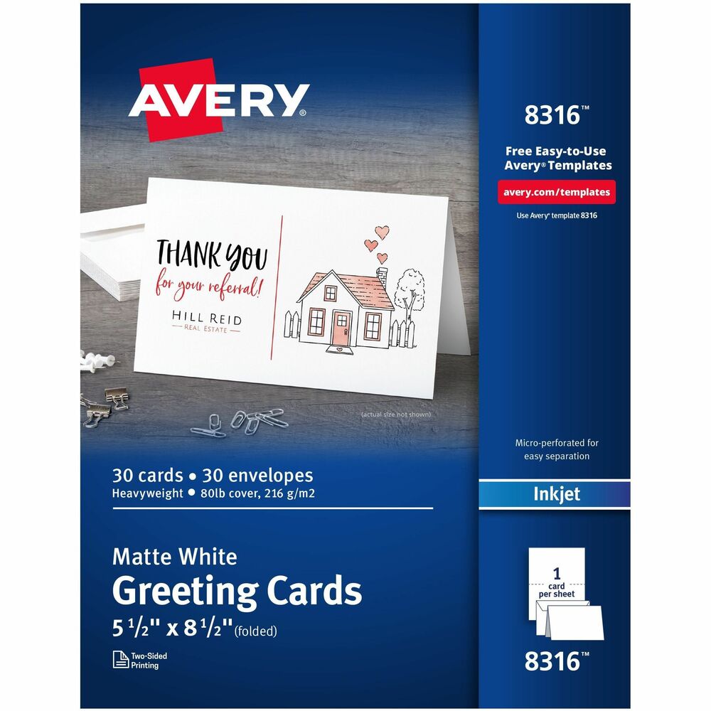 AVE8316 - Custom design professional-looking note cards using your printer. Ideal for creating Thank You Cards, announcements, invitations and more. Ultra-fine perforations allow you to separate cards easily and cleanly. Heavyweight cardstock sheets feed automatically from your inkjet printer's paper tray. Note cards include coordinating envelopes. Free, easy-to-use templates for Microsoft Word and other popular software programs are available online. More from the Manufacturer