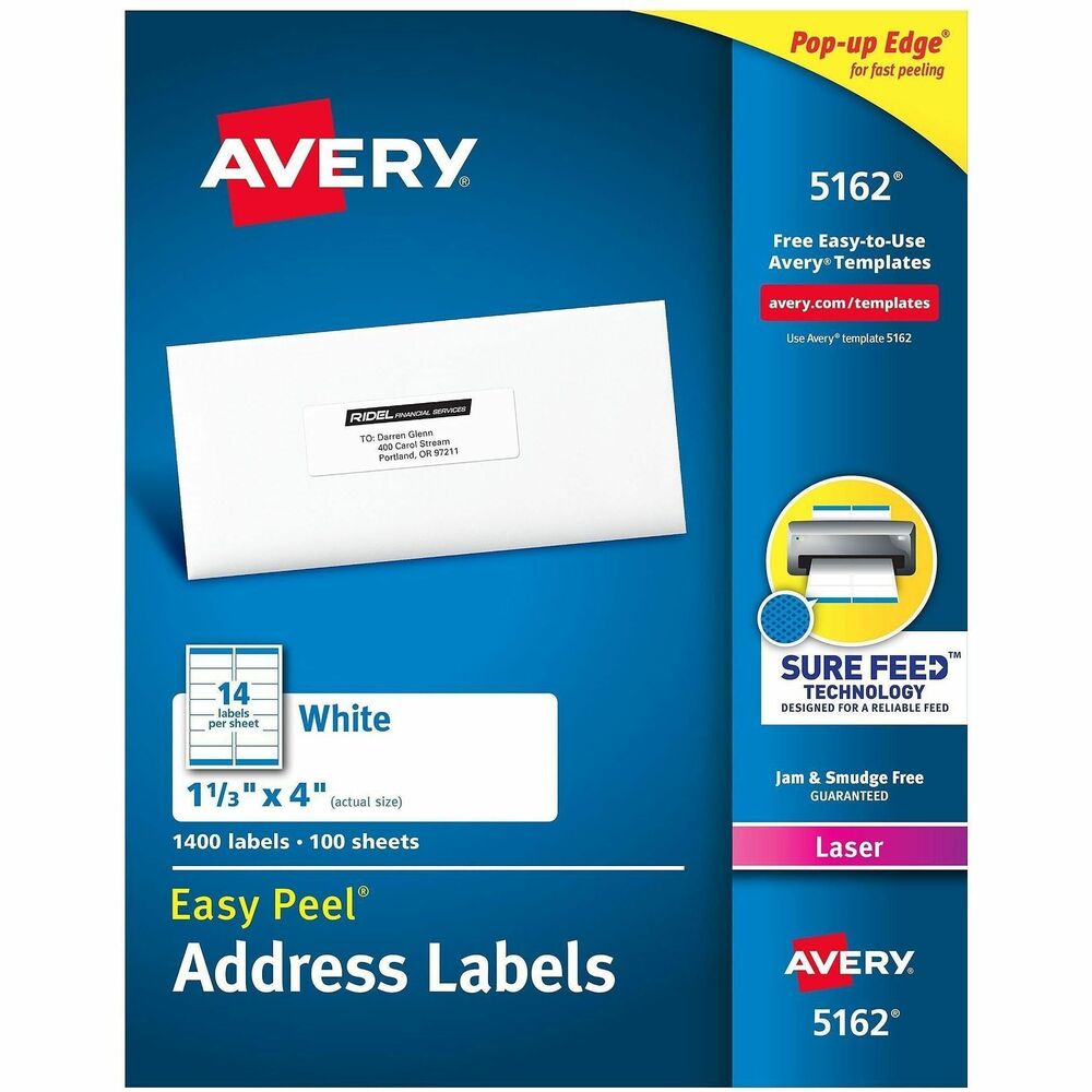 AVE5162 - Easy Peel White Address Labels are great when you want to create professional labels quickly and easily. They're perfect for high-volume mailing projects, labeling bottles, Ball and Mason jars, food containers, bath and beauty products, product branding, event decorations, party favors and crafts. Sure Feed technology is designed for a reliable feed through your printer, helping prevent misalignments and jams. The patented Easy Peel feature makes applying these labels a breeze. Simply bend the label sheet to expose the Pop-up Edge, peel off your label and fold the sheet back to flat. To easily customize your labels, use Avery's free online templates and designs. Each sheet includes 14 labels that each measure 4" wide x 1-1/3" high. More from the Manufacturer