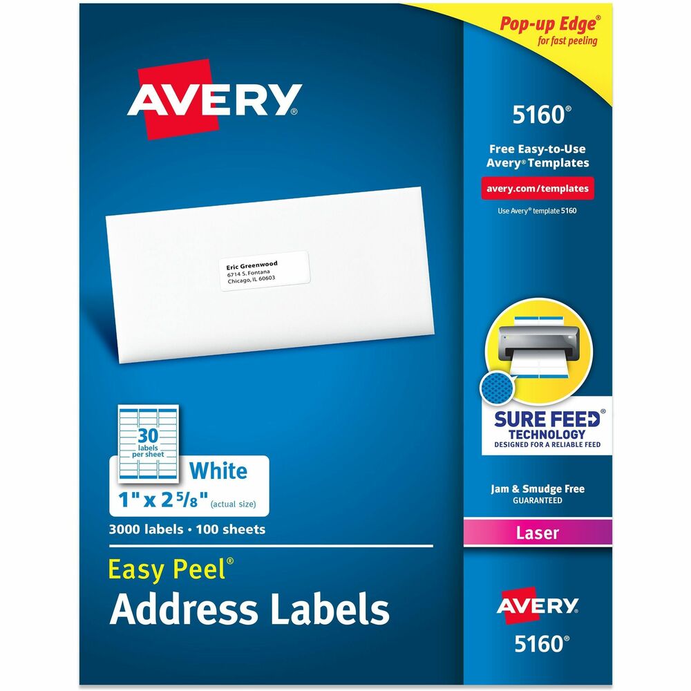 AVE5160 - Easy Peel White Address Labels are great when you want to create professional labels quickly and easily. They're perfect for high-volume mailing projects, labeling bottles, Ball and Mason jars, food containers, bath and beauty products, product branding, event decorations, party favors and crafts. Sure Feed technology is designed for a reliable feed through your printer, helping prevent misalignments and jams. The patented Easy Peel feature makes applying these labels a breeze. Simply bend the label sheet to expose the Pop-up Edge, peel off your label and fold the sheet back to flat. To easily customize your labels, use Avery's free online templates and designs. Each sheet includes 30 labels that each measure 2-5/8" wide x 1" high. More from the Manufacturer