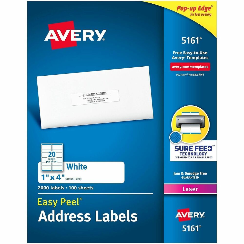 AVE5161 - Easy Peel White Address Labels are great when you want to create professional labels quickly and easily. They're perfect for high-volume mailing projects, labeling bottles, Ball and Mason jars, food containers, bath and beauty products, product branding, event decorations, party favors and crafts. Sure Feed technology is designed for a reliable feed through your printer, helping prevent misalignments and jams. The patented Easy Peel feature makes applying these labels a breeze. Simply bend the label sheet to expose the Pop-up Edge, peel off your label and fold the sheet back to flat. To easily customize your labels, use Avery's free online templates and designs. Each sheet includes 20 labels that each measure 4" wide x 1" high. More from the Manufacturer