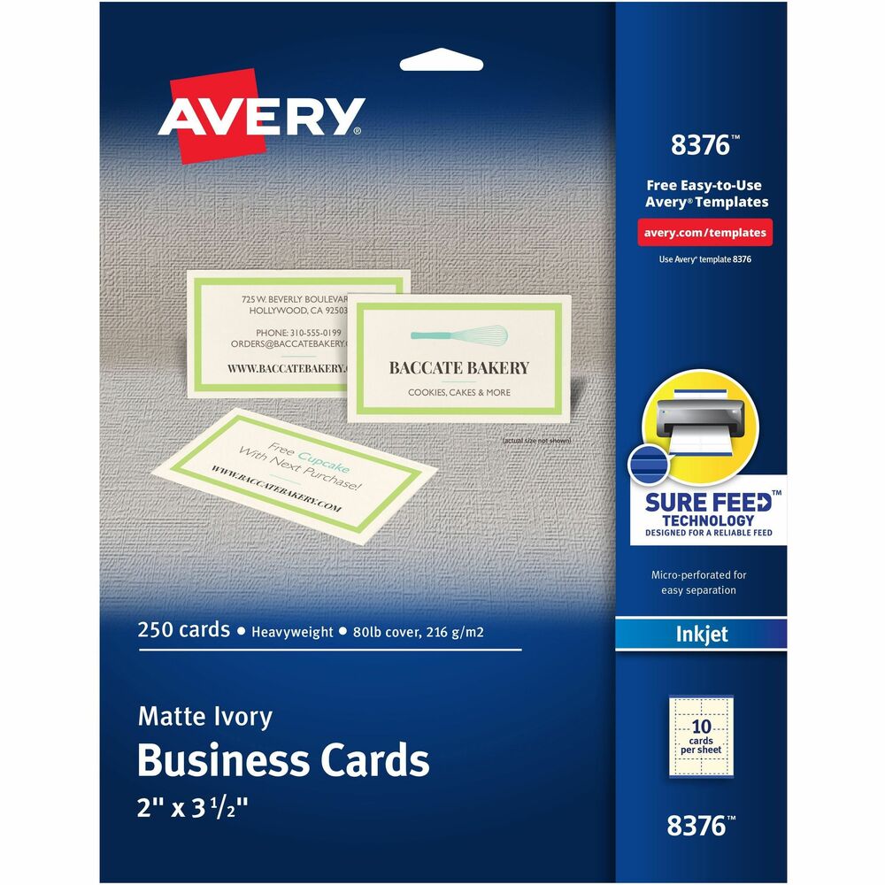 AVE8376 - Use your inkjet printer to create professional-looking business cards. Ideal for everyday use or for times when you need to make title or address changes, cards for new employees, or customized messages. Ultra-fine perforations allow you to separate cards easily and cleanly. High-quality, heavyweight, matte-coated cardstock provides vivid colors and sharp text. 2" x 3-1/2" cards are printable both front and back. Avery offers many easy-to-use templates for Microsoft Word and other popular software programs. More from the Manufacturer