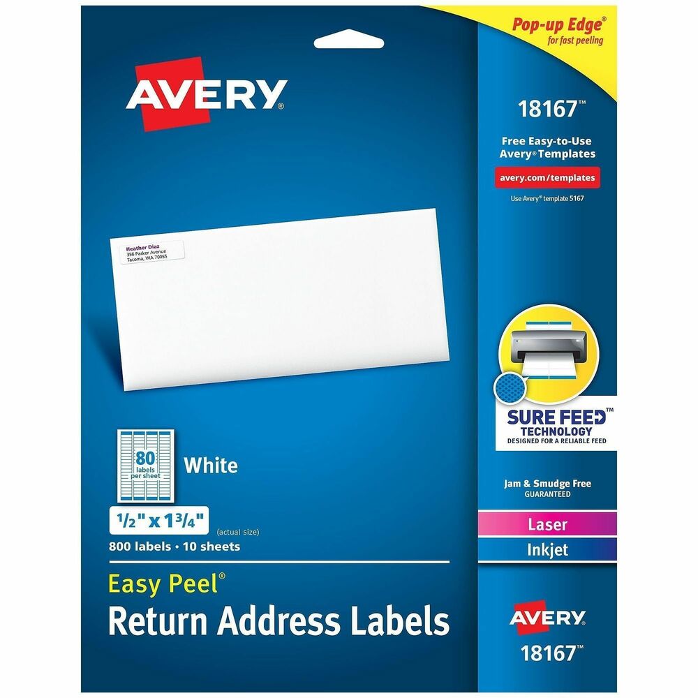 AVE18167 - This pack of 800 Avery(R) address labels makes managing all your bulk mailing, organization and filing jobs a simple and streamlined process. Avery(R) bright white labels blend better than basic labels on white envelopes. Avery(R) labels provide better adhesion than basic labels with its Ultrahold(R) permanent adhesive that sticks and stays, guaranteed. Printers aren't perfect, so we did something about it: These mailing labels are optimized for laser & inkjet printers and have Sure Feed(R) technology to deliver a more reliable feed through your printer and prevent misalignments and jams. Say goodbye to wasted labels! These address labels have an Easy Peel(R) design for quick application. They're fantastic for creating bulk mailing labels, organization labels, classroom labels and personalized gift tags for your wrapping paper, party favor bags or holiday cards. These bulk mailing labels are also perfect for shipping, filing, organizing items in your office, kitchen, closet, garage and classroom organization. Easily add a personal touch to your custom address labels with thousands of free designs and templates at avery.com/templates. Take charge of all your bulk mailing jobs with ease and efficiency using these versatile label stickers. More from the Manufacturer