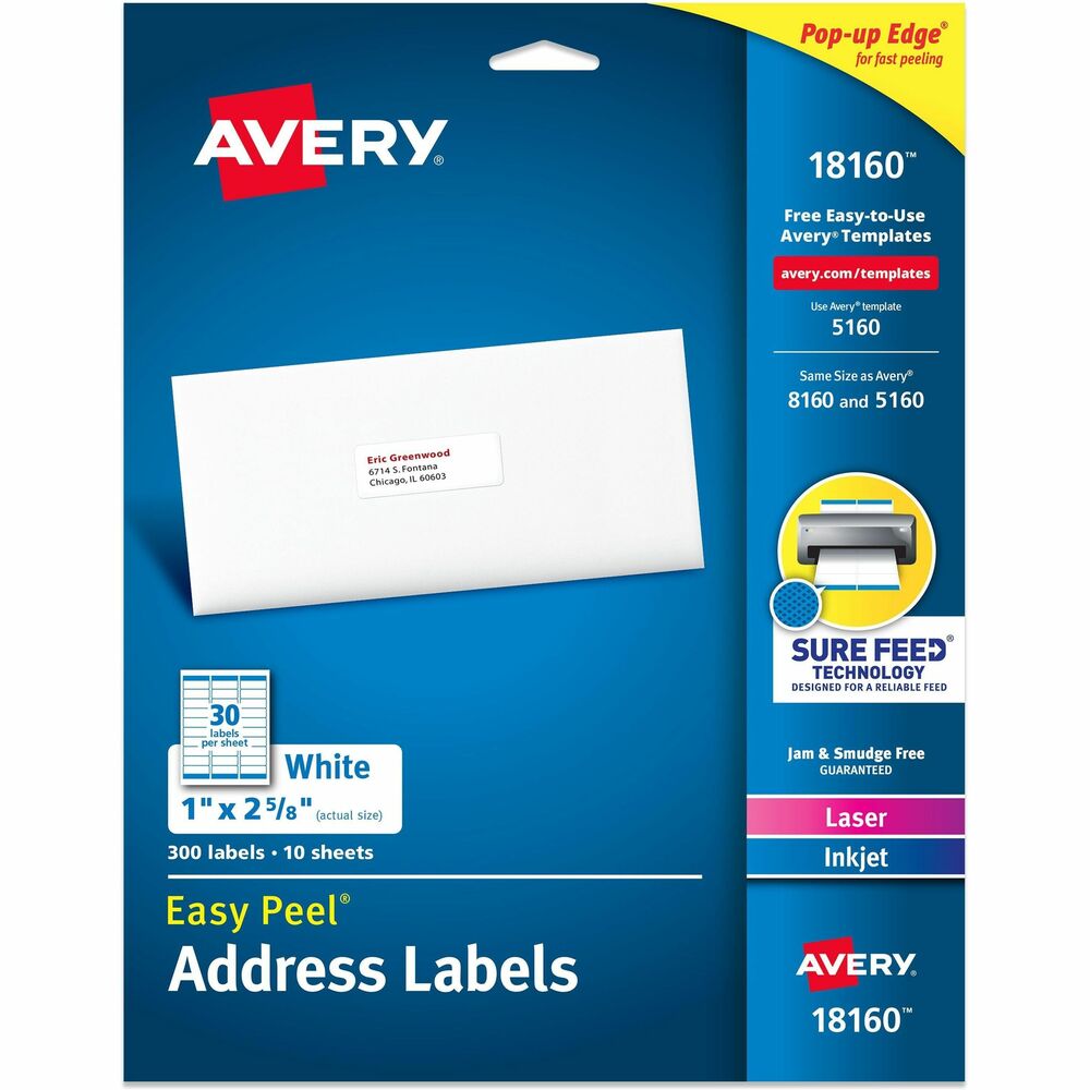 AVE18160 - Easily create professional labels with less time and effort using address labels. These mailing labels are perfect for addressing or to use for organization and identification work or home. Ultrahold adhesive ensures that these mailing labels stick and stay put firmly while unique Easy Peel feature makes peeling and applying the stickers quick and easy. They're also optimized with Sure Feed technology to improve your printer alignment and help prevent jams and wasted labels. Compatible with both laser and inkjet printers, you can customize the white labels with smudge-free text and images. Each sheet includes 30 labels (1" x 2-5/8"). More from the Manufacturer