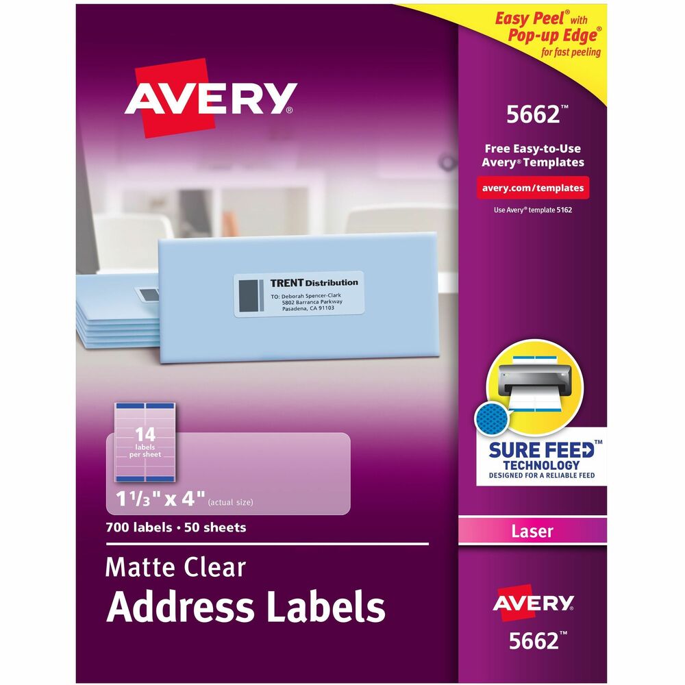 AVE5662 - Create professional-looking labels quickly with Easy Peel Mailing Labels. For fast peeling, bend the label sheets to expose the Pop-up Edge. Bright white labels have permanent adhesive and are jam-free and smudge-free. Each delivers sharp print quality that is perfect for creating labels for addressing, shipping and organizing. Perforated letter-size sheets tear so the edge of each self-adhesive label hangs over the sheet backing for easy access. Labels are compatible with laser printers. Avery offers many easy-to-use templates for Microsoft Word and other popular software programs. More from the Manufacturer