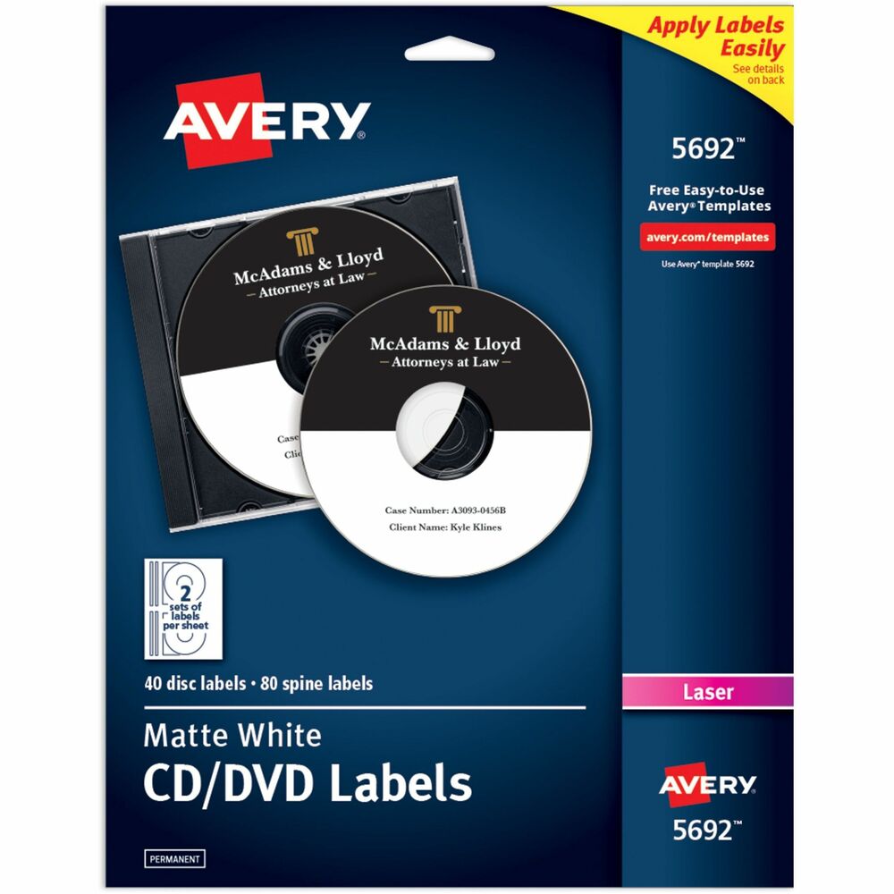 AVE5692 - Create high-quality, custom-made Disc and Spine Labels to catalog your CD/DVD collections using free downloadable DesignPro software and predesigned free templates that work in over 100 popular software programs. Easily print your labels then apply to CDs or DVDs with any jewel case. Labels are ideal for organizing digital photo albums, music collections and data backups.