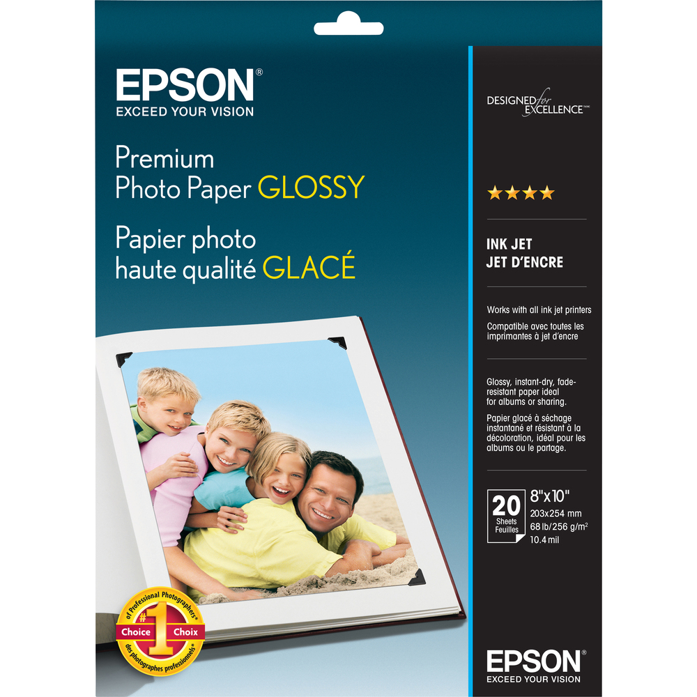 EPSS041465 - Premium Photo Paper Glossy offers a high-gloss finish that is perfect for printing your favorite cherished photos and enlargements for use with glass frames and photo albums. Design has the look and feel of traditional photographs. This quick-drying paper is smudge-resistant, water-resistant with a smooth, bright white, resin-coated stock. Long-lasting prints preserve your treasured memories.