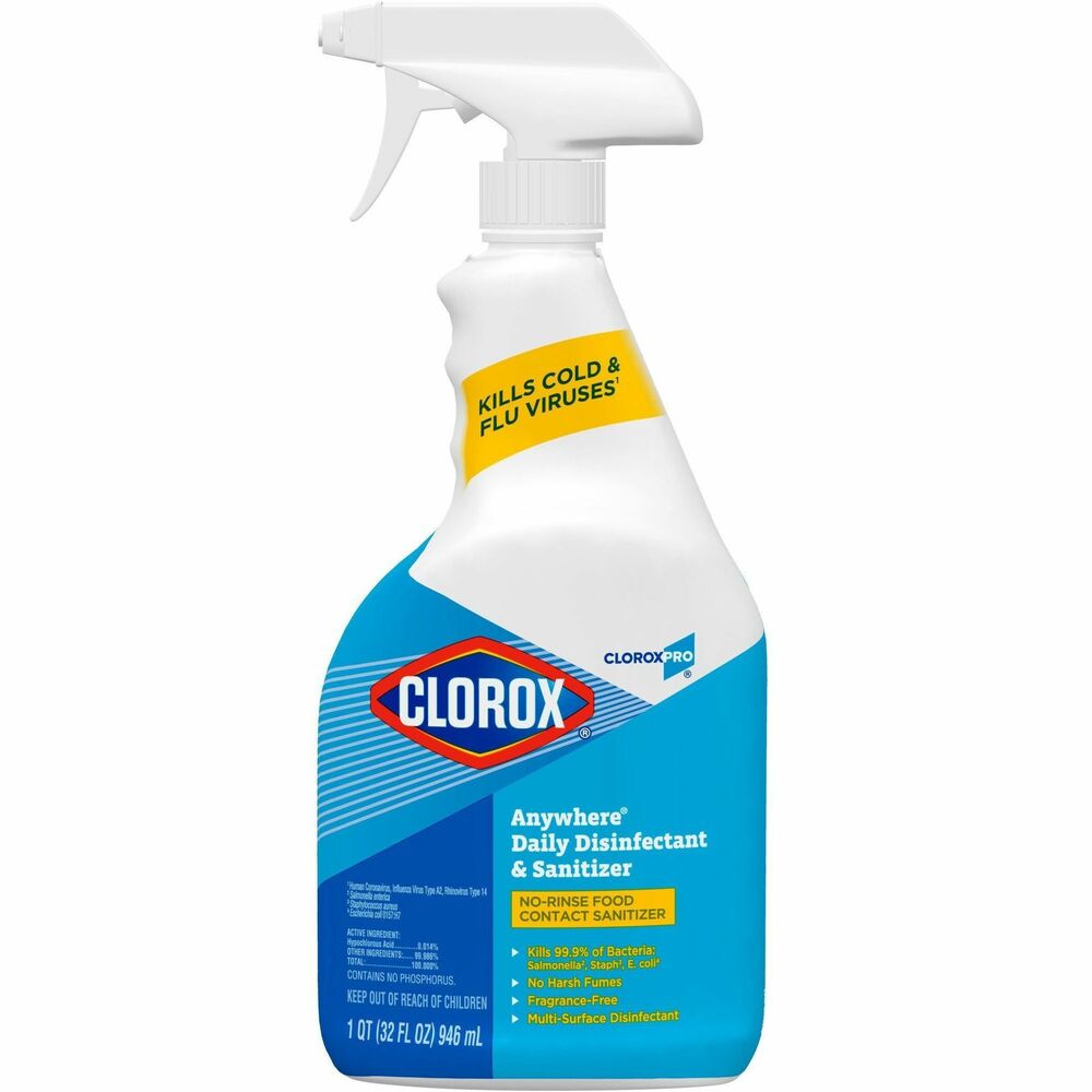 CLO01698 - CloroxPro Anywhere Daily Disinfectant and Sanitizer is designed to disinfect hard, nonporous and food-contact surfaces. Certified by NSF, it kills cold and flu viruses (Human Coronavirus, Influenza Virus, Rhinovirus, Canine Parvovirus) and 99.9 percent of bacteria, including salmonella, staph and E. coli. As a hypochlorous acid-based formula, the cleaner is tough on bacteria yet mild enough to use around children, pets and food, thanks to its low odor and no residue. It allows you to sanitize without rinsing, leaving only the clean smell behind. This Clorox spray comes in a trigger spray bottle and is well-suited for commercial spaces like hospitals, public restrooms, daycare centers, hotels, kennels, institutional kitchens, laundry rooms, offices and schools.