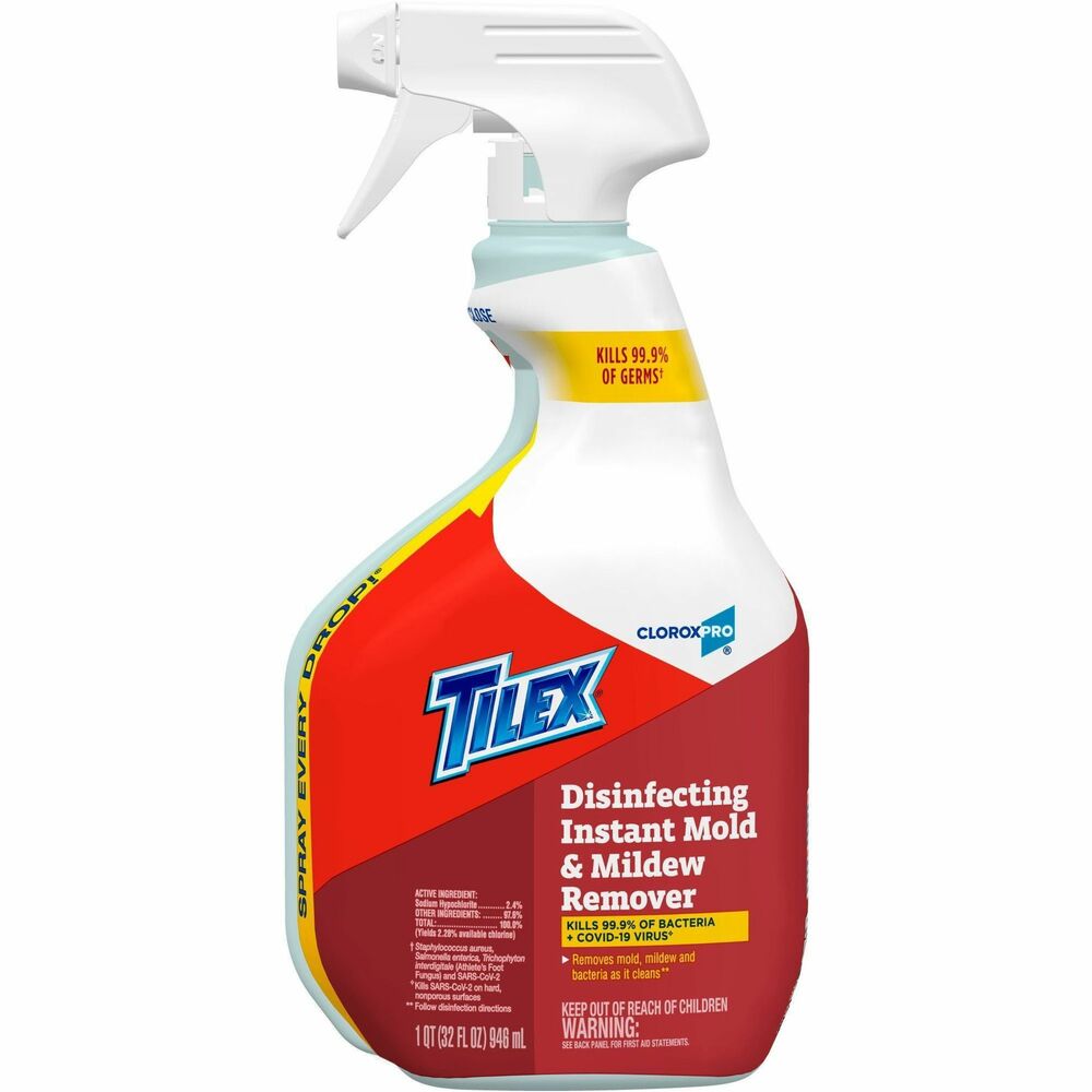 CLO35600 - CloroxPro Tilex Disinfecting Instant Mold and Mildew Remover kills 99.9 percent of viruses (Staphylococcus aureus, Salmonella enterica, Trichophyton interdigitale (athlete's foot fungus) and Influenza A Virus) and bacteria - including SARS-CoV-2 (the virus that causes COVID-19) on hard, nonporous surfaces. Disinfecting spray kills mold, mildew and bacteria as it cleans, removing mildew stains without scrubbing. Unique formula whitens tile and grout and dissolves soap scum as you spray. It removes and destroys mold spores and cleans tiles, grout, toilets and fiberglass. Mildew remover is ideal for offices, daycare centers, schools, hotels, restaurants and other commercial facilities. Spray every drop thanks to Smart Tube technology that reaches to the very bottom of the bottle. Packaging may vary. Formulated by CloroxPro - where clean means everything.