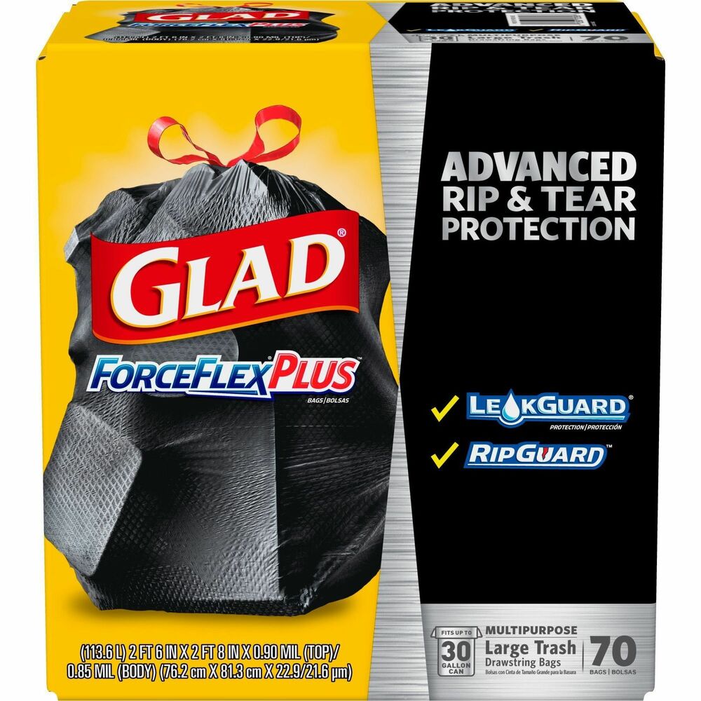 CLO70358 - Glad ForceFlexPlus Drawstring Bags feature durable strength with a reinforced side seam to let you carry the heaviest loads without tearing the bag. The large-capacity bags fit a 30-gallon can and stretch around your trash with the ForceFlexPlus technology to prevent rips and tears. Built with advanced rip and tear protection, the LeakGuard Protection and RipGuard Protection can withstand even the toughest and messiest trash so what goes in stays in. Strong, reinforcing drawstring closure grips the can and ensures easy closing and lifting with one quick pull. These garbage bags are perfect for tough jobs throughout your home or office, indoor or outdoor. They are ideal for use in restaurants, offices and other commercial facilities.
