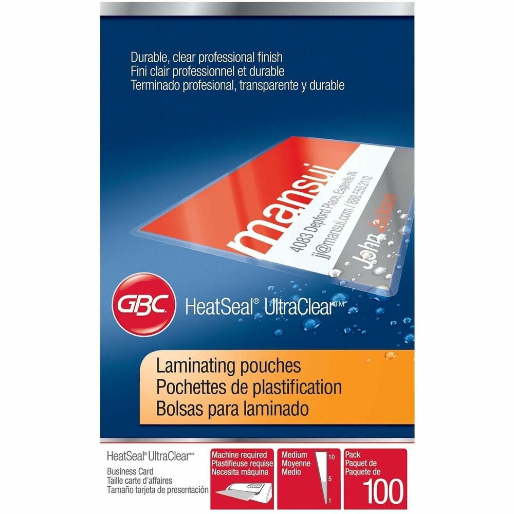 GBC3300371 - Sized to perfectly laminate business cards, thermal laminating pouches provide clean, crisp and professional-looking lamination results. Standard, glossy finish delivers brilliantly clear results. UltraClear technology lets text details and image colors stand out for excellent visibility. 7 mil thickness is durable and semi-rigid to protect against wear and tear. Laminating pouches are designed for use with any thermal pouch laminator (sold separately).