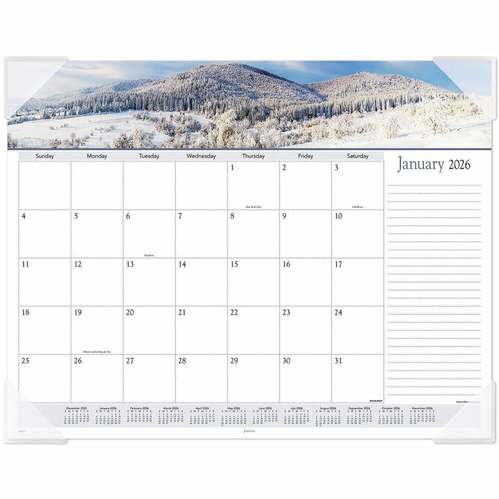 AAG89802 - Monthly desk pad calendar offers a stunning, landscape panoramic scene appear each month. Complementary background color changes monthly. Dated planning pages range 12 months from January to December. One-page-per-month format includes unruled daily blocks (2-1/4" x 2-1/8"), Sunday-through-Saturday scheduling, holidays, full-year calendar reference and two ruled columns for notes. Desk pad calendar offers four clear poly corners to keep pages neatly in place and three bonus pages with a current yearly reference calendar, future yearly reference calendar and a dates to remember page. Calendar is printed on quality paper.
