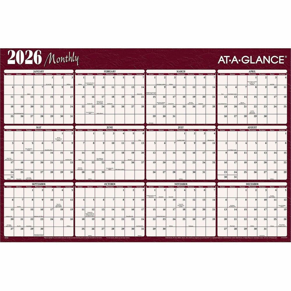 AAGA152 - Reversible monthly planner provides a convenient write-on/wipe-off surface that is reversible for two sides of dated planning. One side has 12 months from January to December horizontally listed with a blue border, and the other side has the same format with a burgundy border. The dated months include daily unruled blocks (1-5/8" x 1-1/2") for writing deadlines and milestones, holidays and Sunday-through-Saturday scheduling. Change easily by erasing and then rewriting. Two-sided, erasable planner also includes two wet-erase markers in red and black.