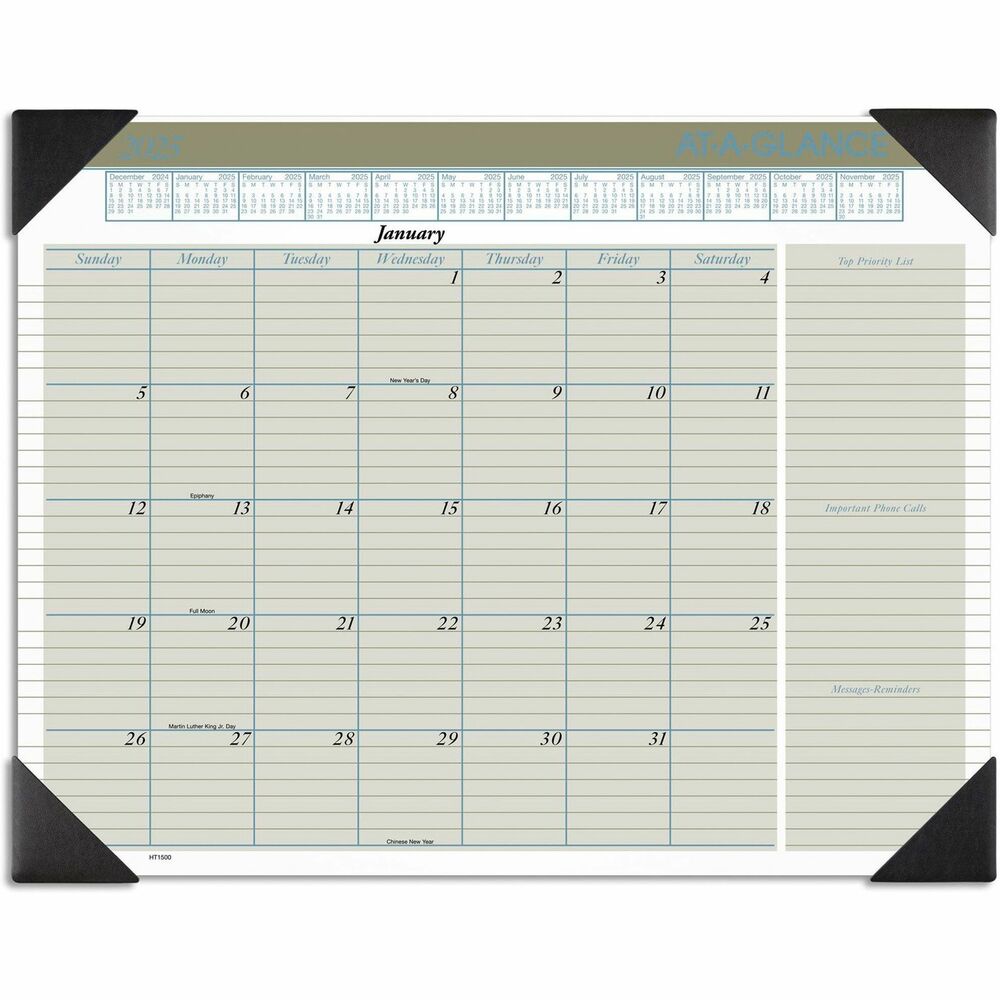 AAGHT1500 - Executive monthly desk pad lets you plan your month like a professional and track your schedule, priorities, phone calls, and messages. Dated planning pages range 12 months from January to December. One-page-per-month format features three-color graphics, ruled daily blocks (2-5/16" x 2-9/16"), Sunday-through-Saturday scheduling, holidays, full-year calendar reference, and ruled columns to record top priorities, important phone calls and message reminders. Desk calendar also includes current and future yearly reference calendar and a dates to remember page. Four black poly corners frame the desk pad and help secure your planning pages.