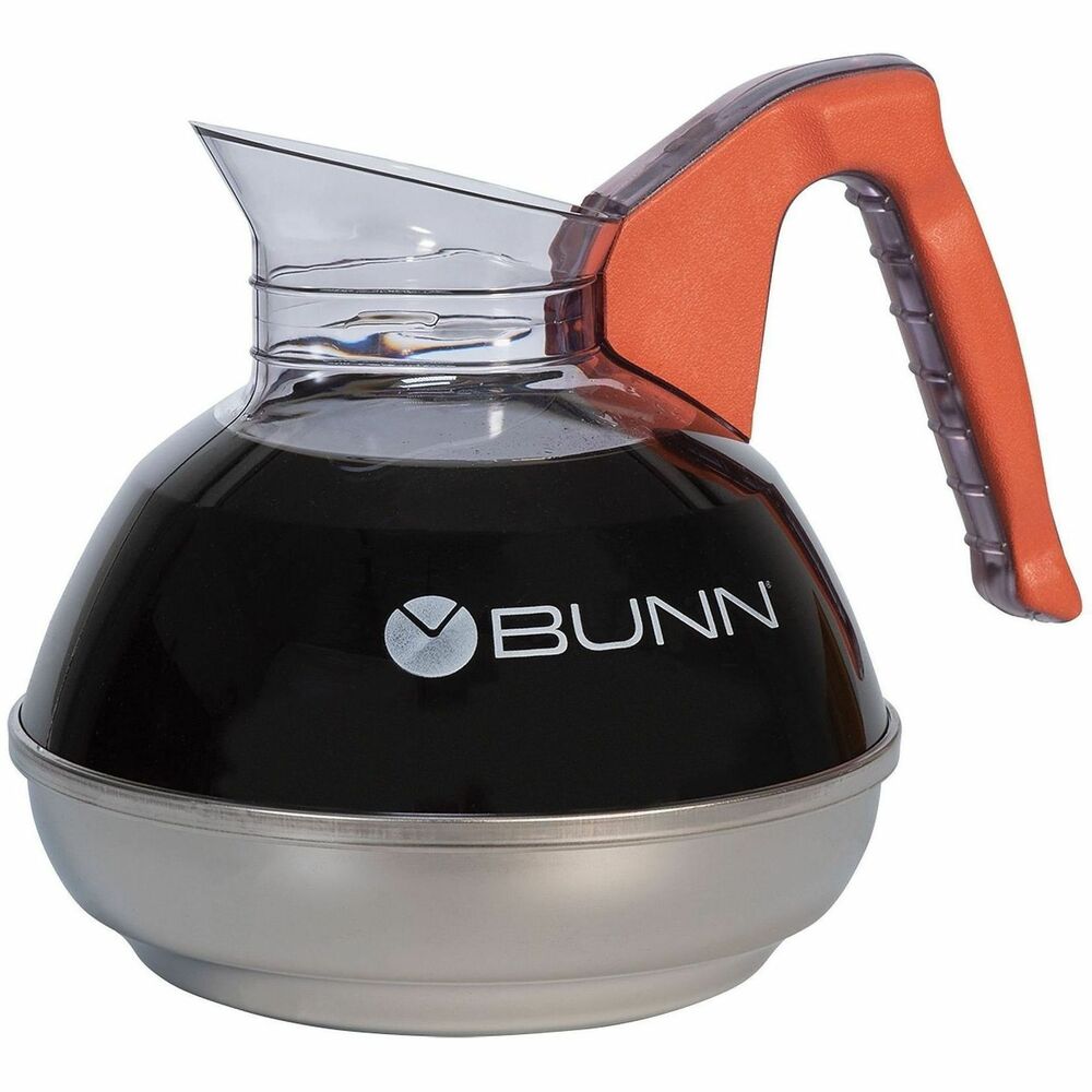 BUN061010101 - 12-cup decanter features a container and handle core molded as sturdy, extra-strength, one-piece construction for long life. Clear, high-impact-resistant material complies with FDA regulations for food contact. Drip-proof, fast-pour lip - an exclusive Bunn design - assures convenient serving and clean pouring from front or either side. Base is made of high-quality stainless steel. Unbreakable decanter is designed for use with Pour-O-Matic coffee brewers.