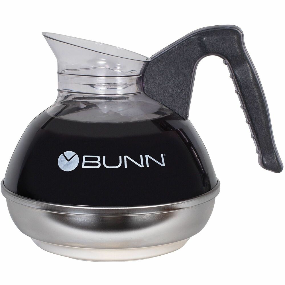 BUN061000101 - 12-cup decanter features a container and handle core molded as sturdy, extra-strength, one-piece construction for long life. Clear, high-impact-resistant material complies with FDA regulations for food contact. Drip-proof, fast-pour lip - an exclusive Bunn design - assures convenient serving and clean pouring from front or either side. Base is made of high-quality stainless steel. Unbreakable decanter is designed for use with Pour-O-Matic coffee brewers.