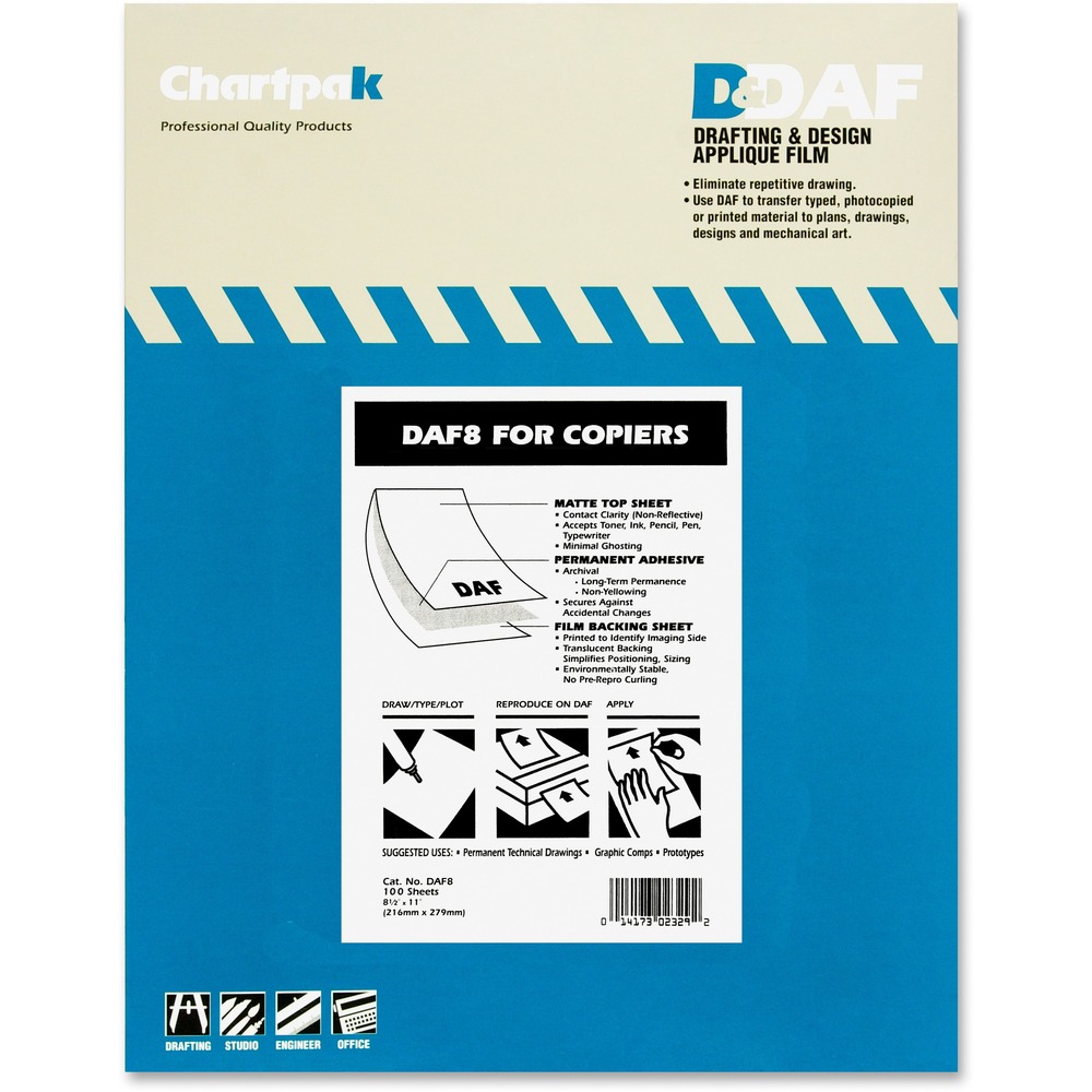 CHADAF8 - This 1.5 mil drafting applique film with matte finish helps save time when any application needs to be drafted or drawn multiple times. The matte surface gives top-quality images using copiers, laser printers, computer printers, typewriters, pencil or ink. Ideal for diazo reproduction. Polyester drafting film will not yellow with age. Use with copiers and printers.