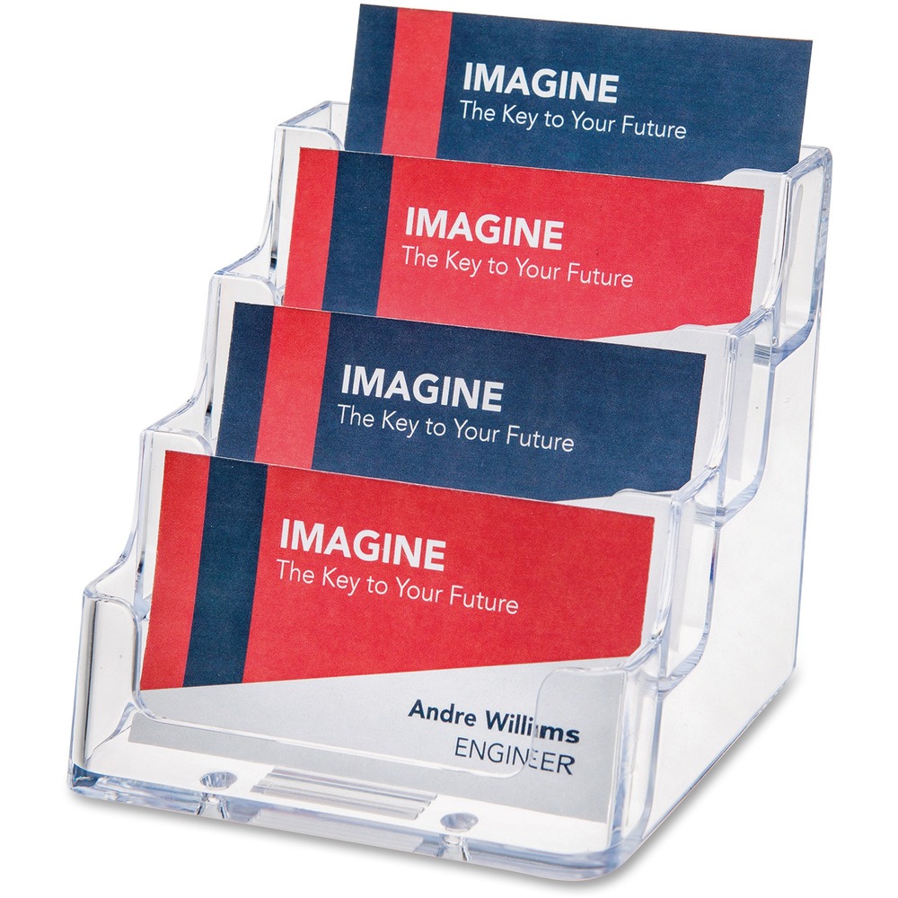 DEF70841 - Low-profile business card holder is ideal for doctors' offices, travel agencies and retail outlets. Clear acrylic design provides full visibility. Four pockets are arranged in one row on an incline. Use card holder on counter or desktop.
