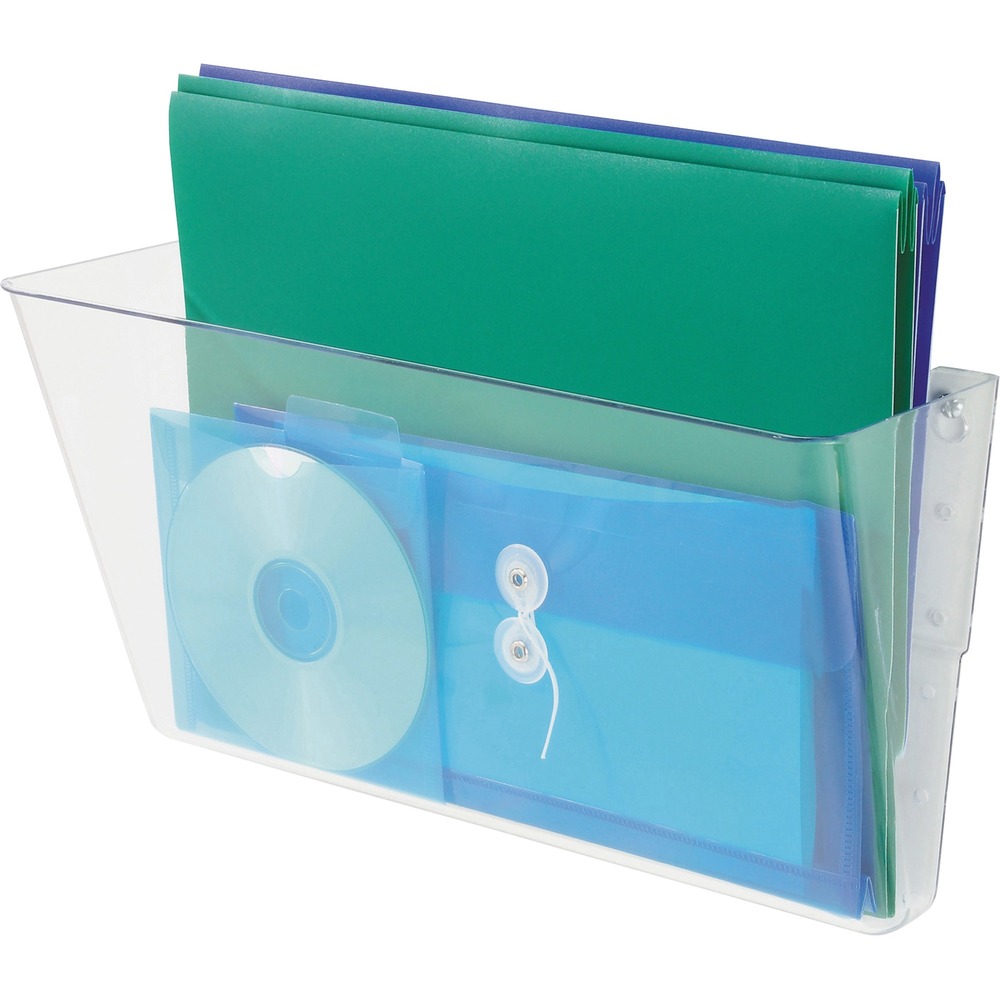 DEF74301 - Wall pocket mounts easily with screws or mounting tape (both included) to hold legal-size files. Multiple pockets stack together with linking pins, minimizing damage to the mounting surface. Wall pocket is recyclable.